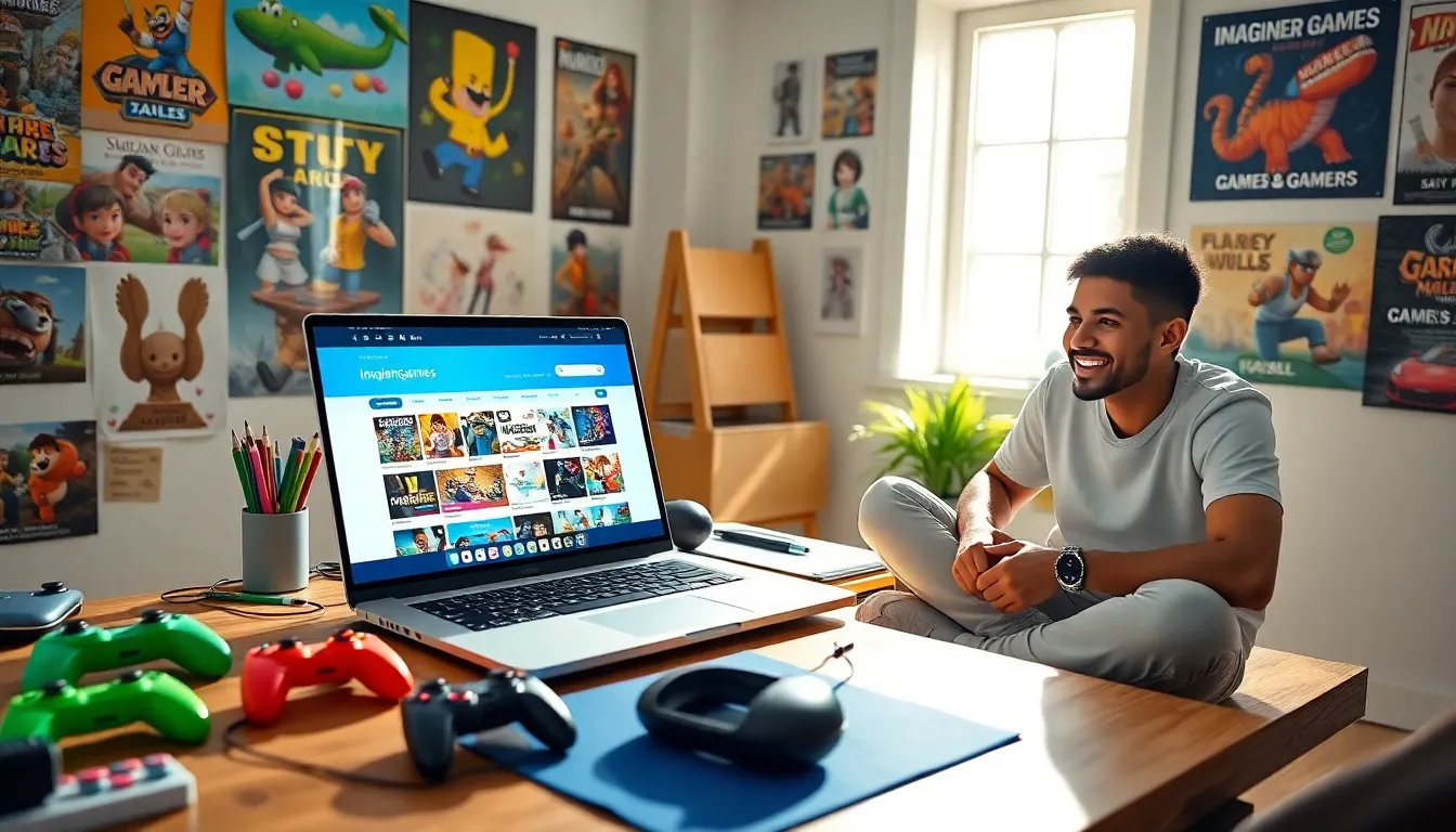 A young adult exploring ImagineerGames.com on a laptop in a creative workspace.