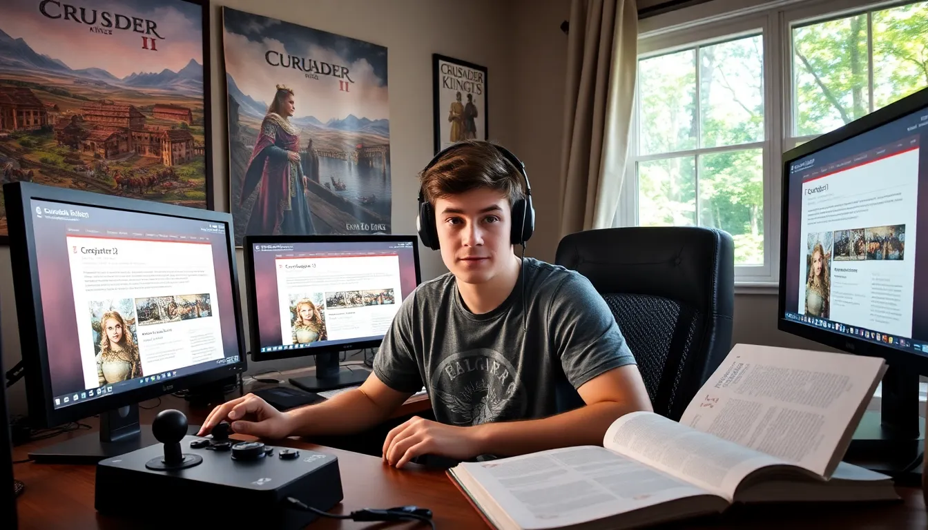 a gamer creating characters on the r/ck2generator subreddit in a cozy room.