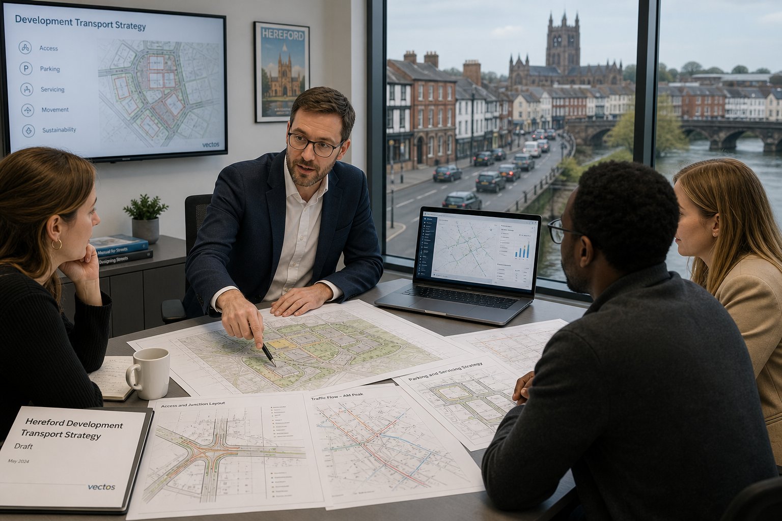 Traffic engineer reviewing Hereford development plans with a project team.