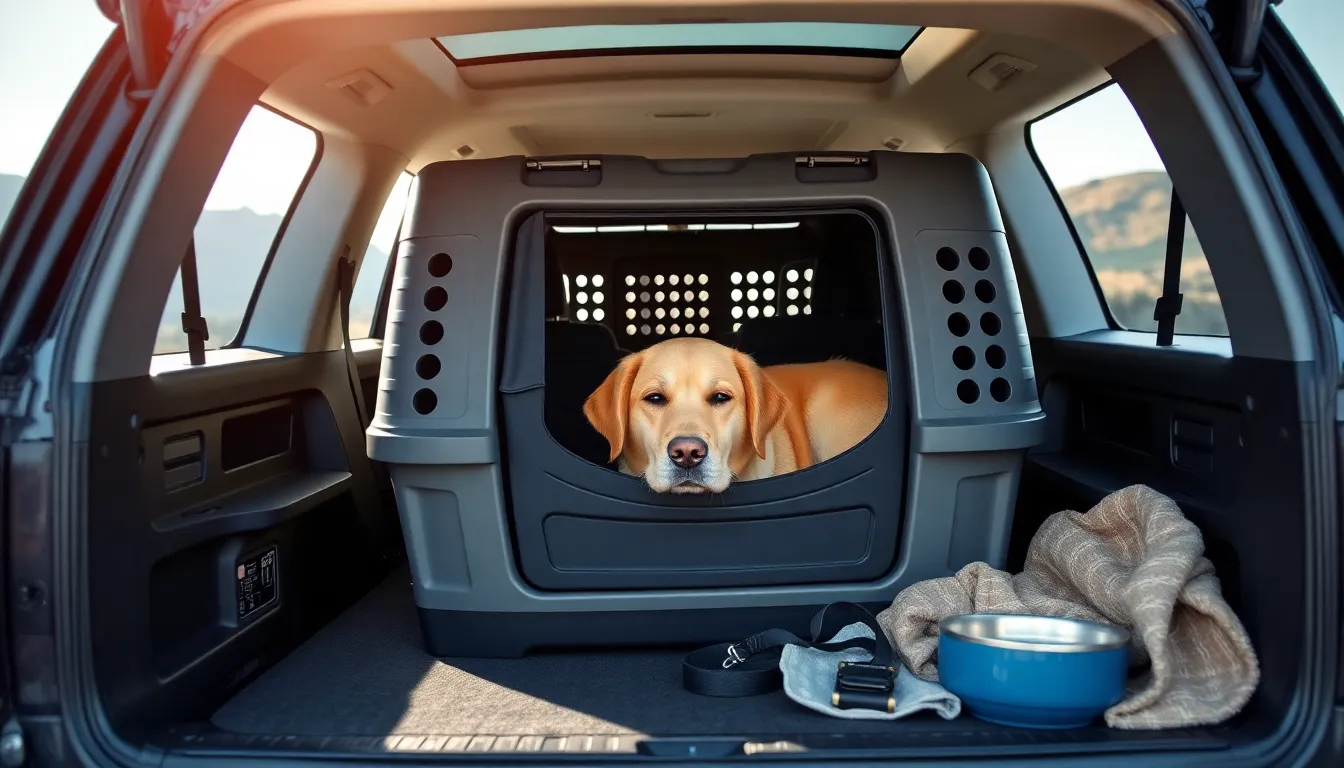large crate in an SUV with a relaxed dog inside.