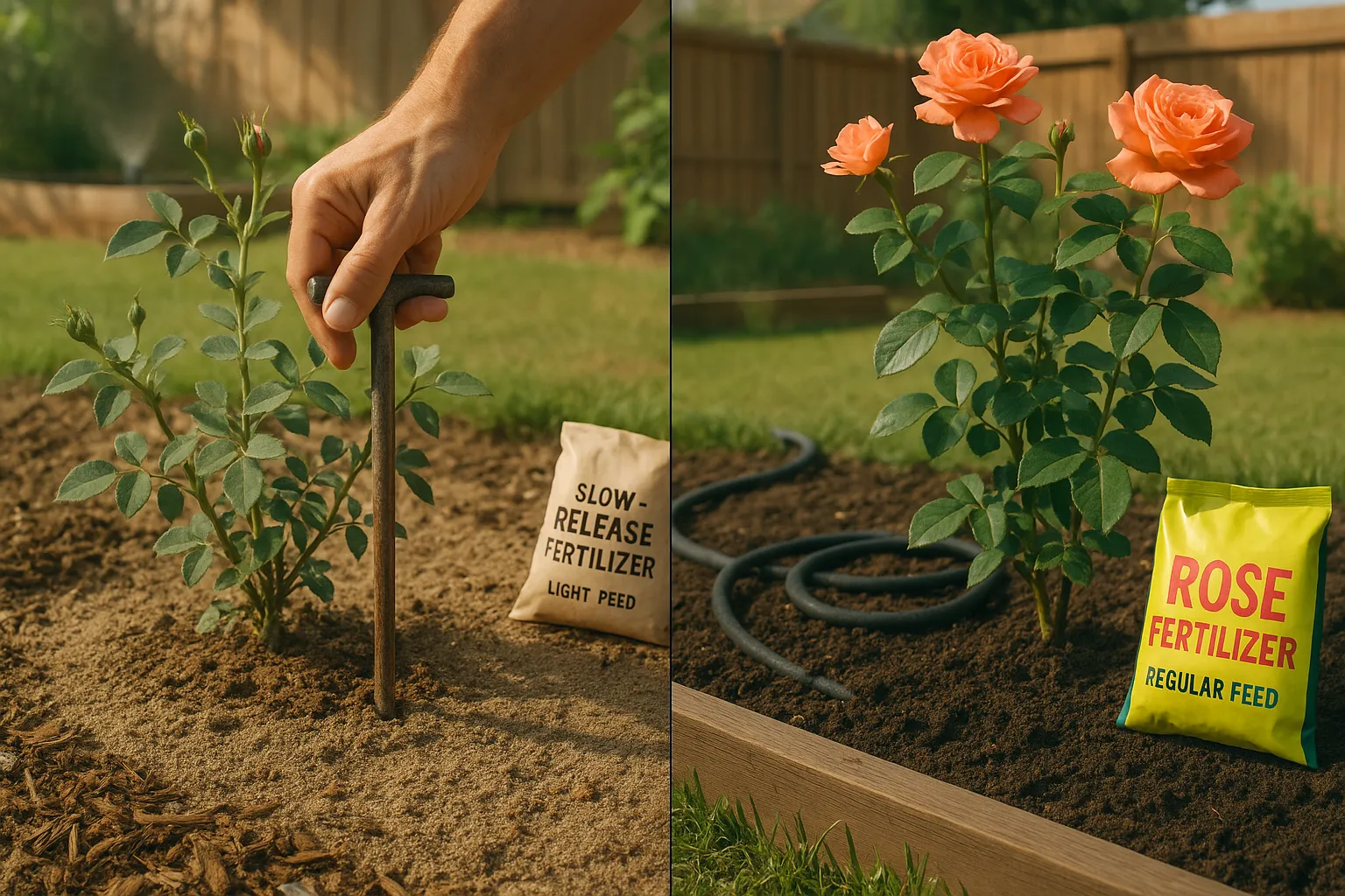 Side-by-side drought-resistant and hybrid roses with soil probe and fertilizer bags.