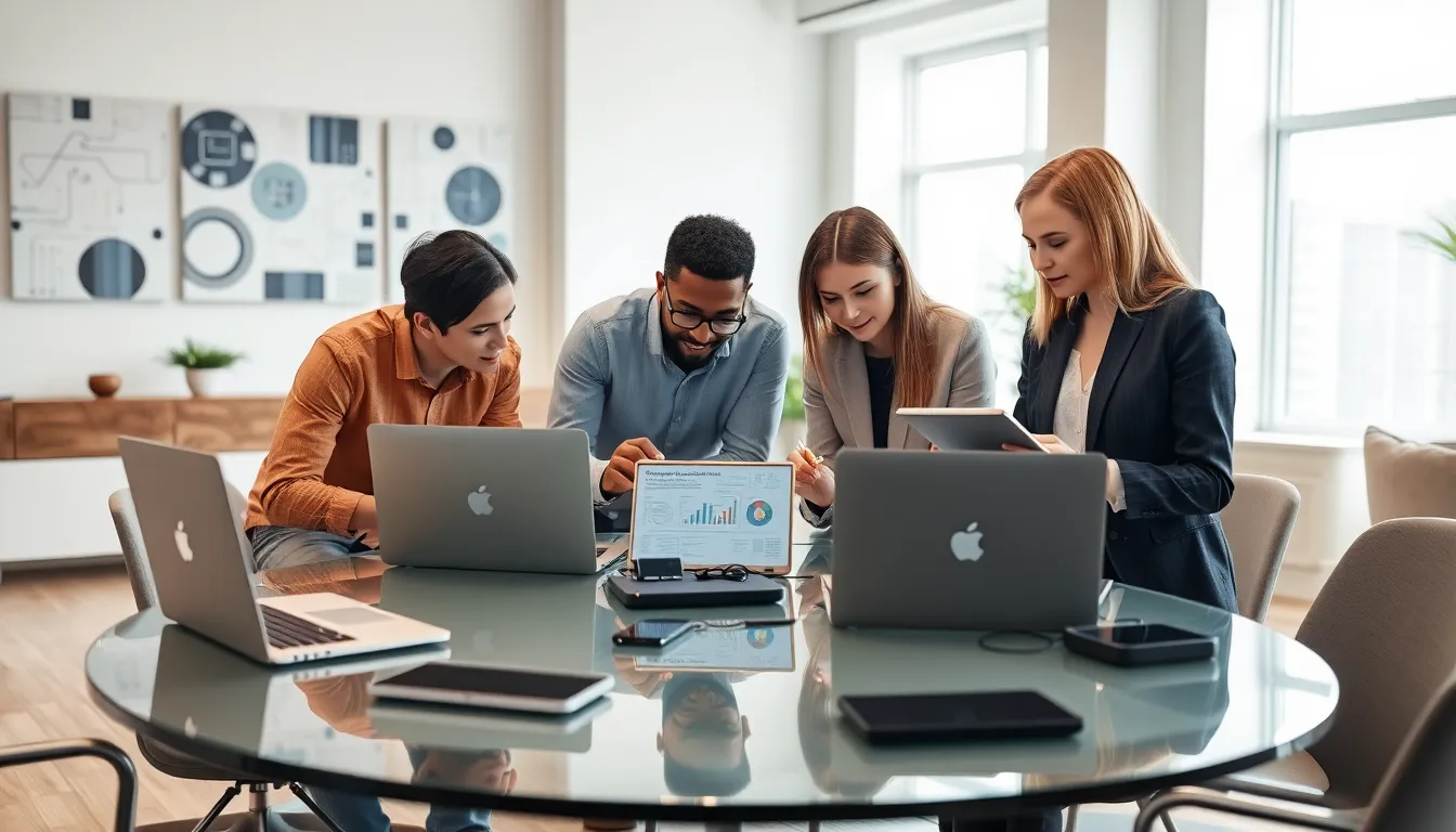 diverse team collaborating over electronics in a modern office.