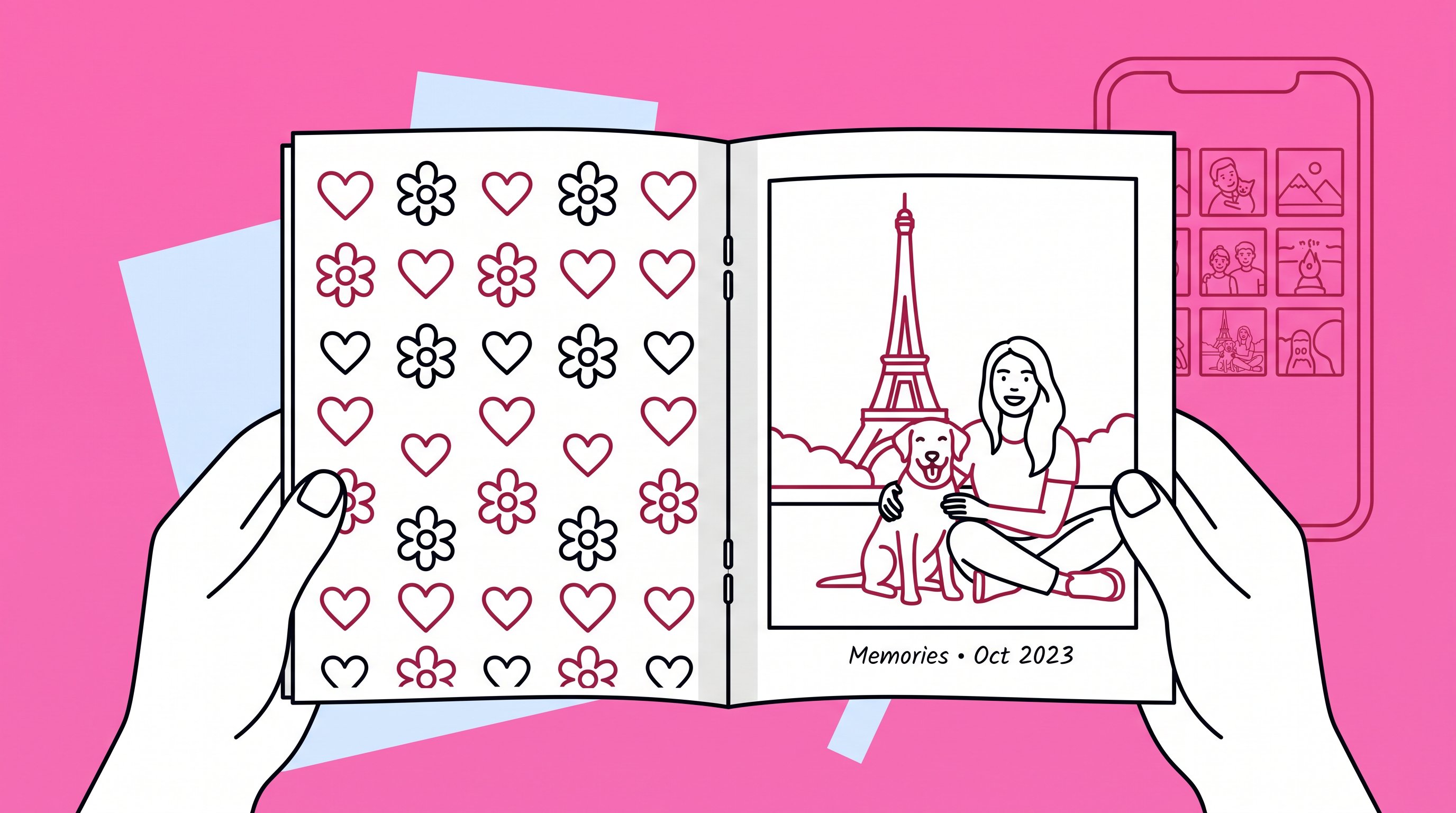 A woman holds a small coloring book filled with personal memories.
