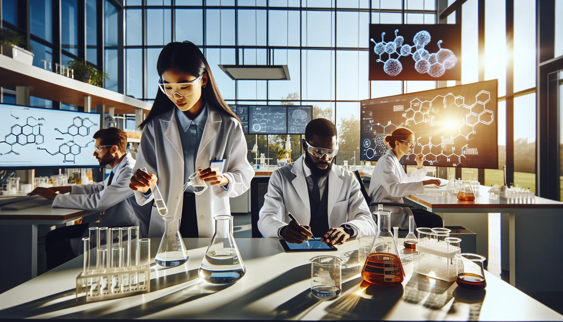 diverse scientists studying food emulsifiers in a modern lab.