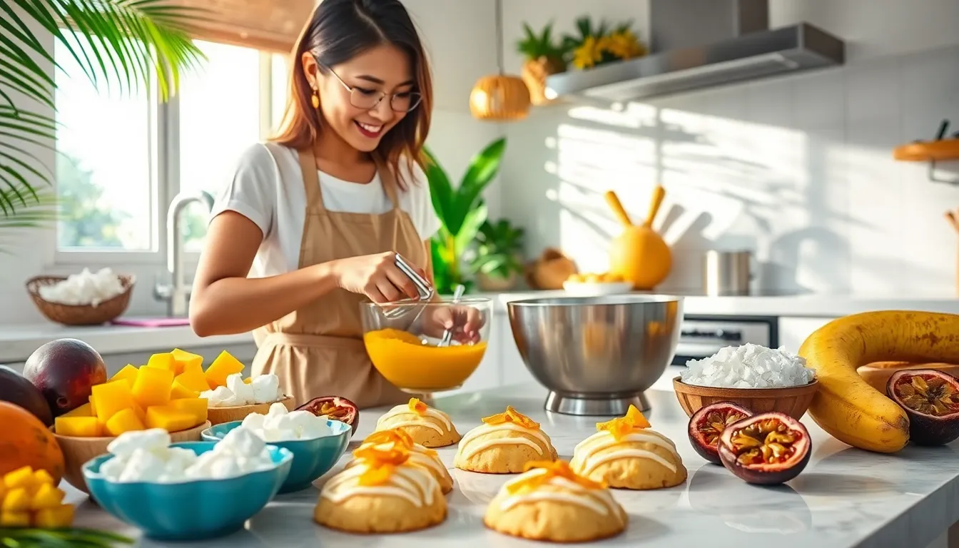 Baker preparing tropical cookies with fresh ingredients in a modern kitchen.