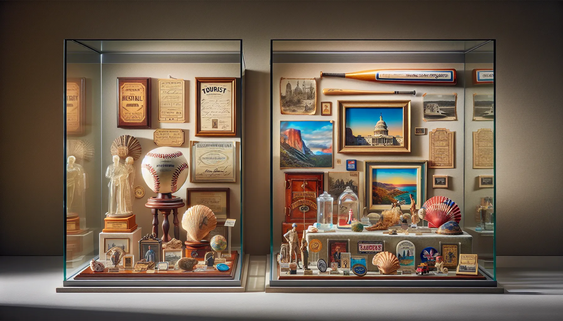 A comparison display of memorabilia and souvenirs exemplifying their differences.