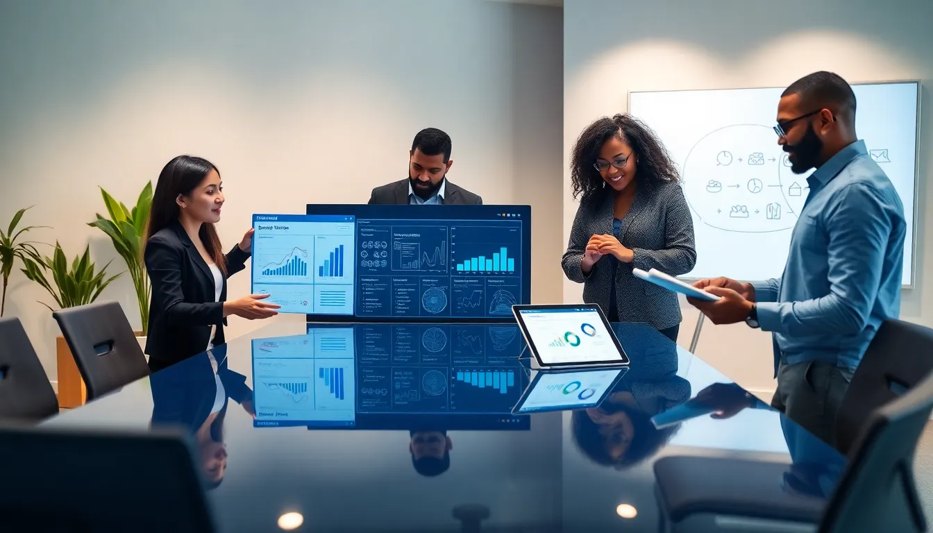 professionals discussing IoT applications in a modern office setting.