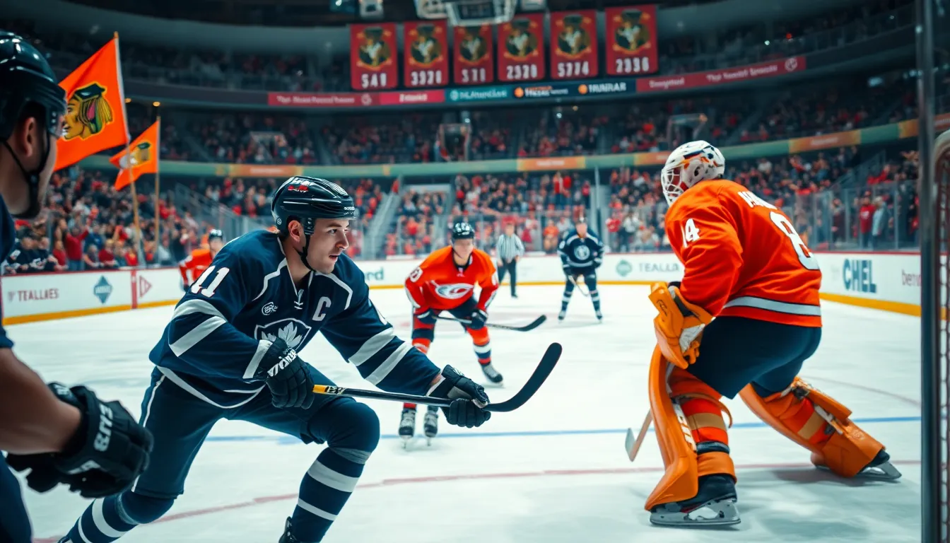 hockey players in action during a competitive game with excited fans in the background.