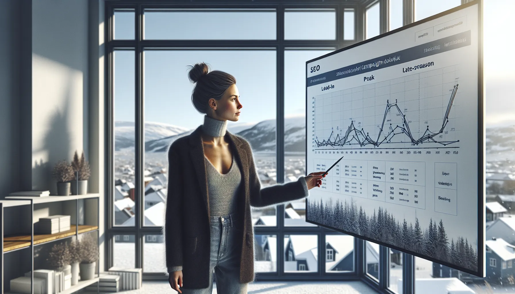 Marketers in a norwegian office planning a seasonal seo strategy around a screen.