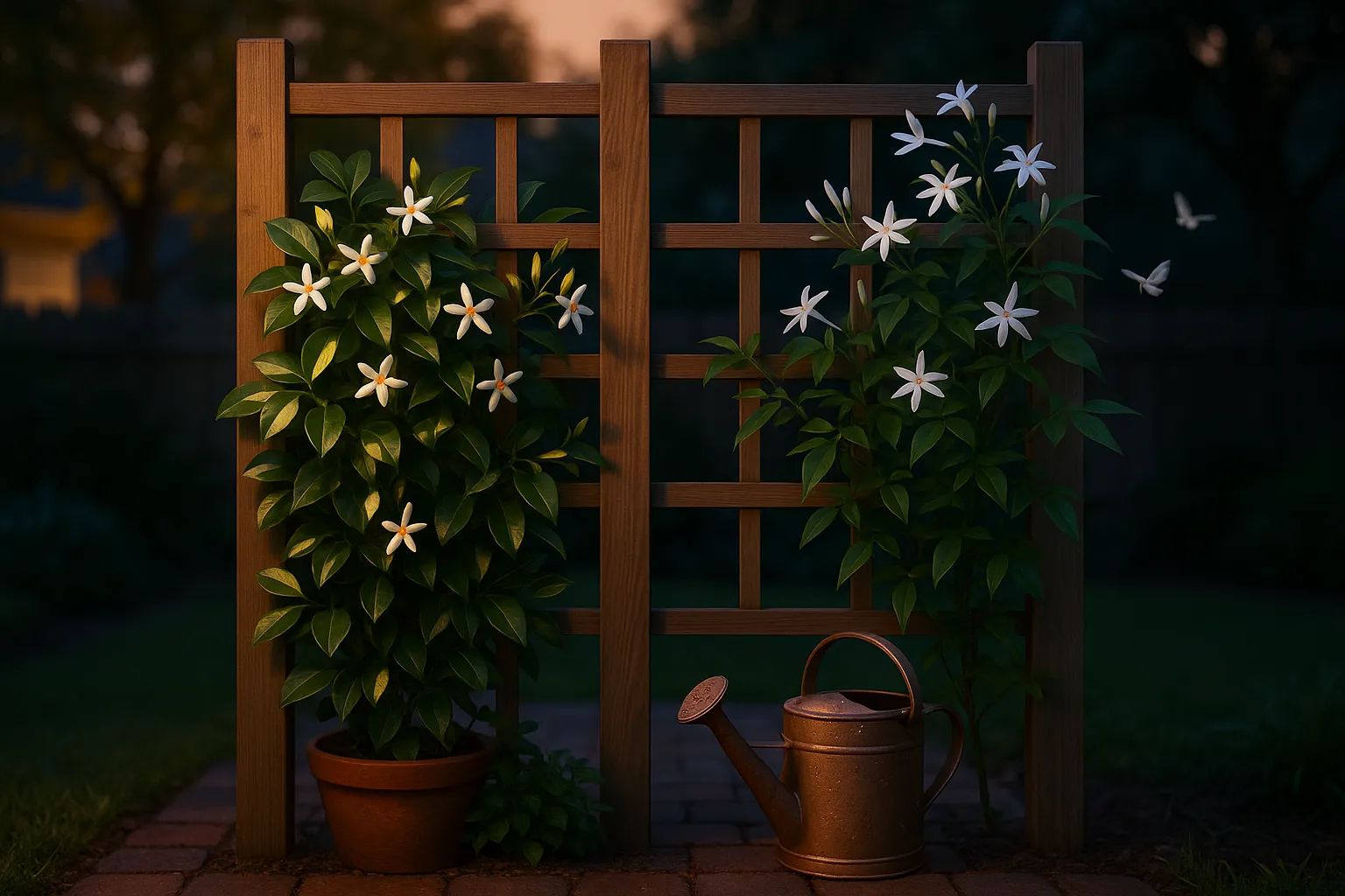 Two contrasting jasmine vines on a trellis at dusk, close botanical detail.