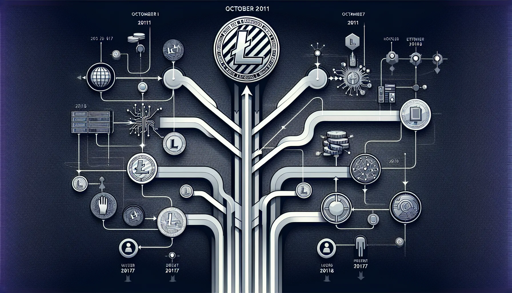 Timeline infographic showing Litecoin's key milestones from 2011 launch to present day.