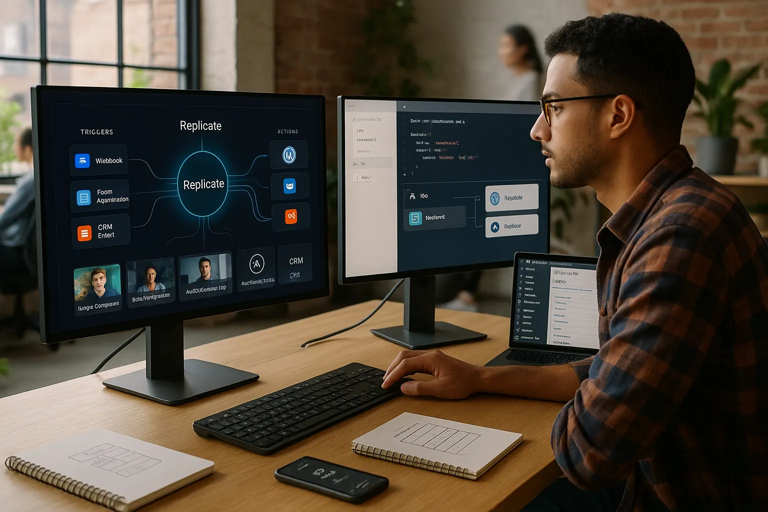 Developer viewing Replicate as the central brain in an automated workflow stack.