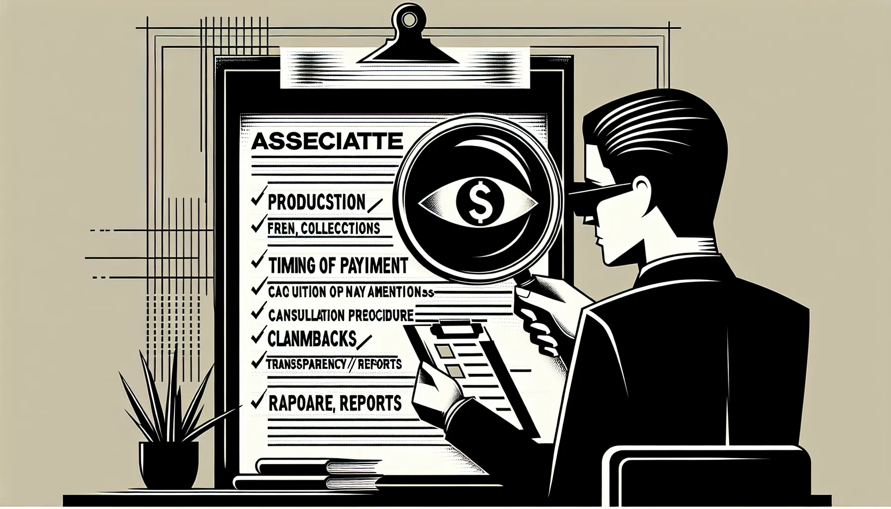 A reviewer examining a dental associate agreement with icons highlighting key compensation terms.
