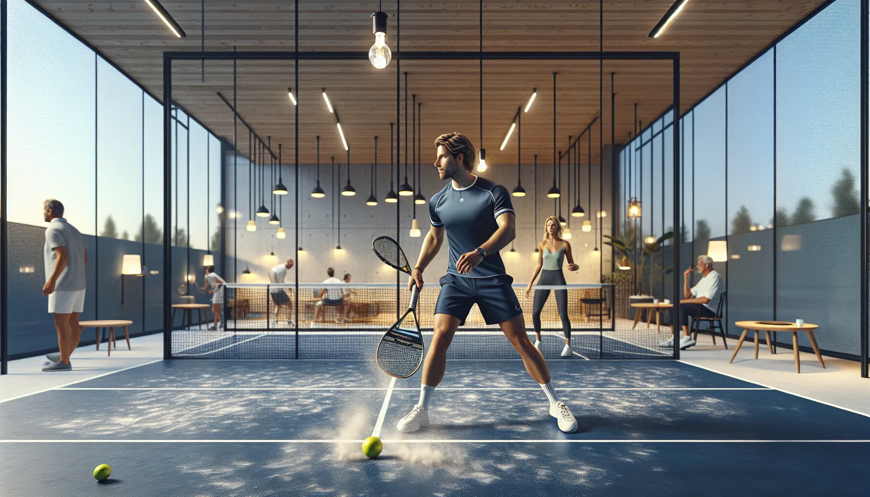 Padel i norge: en oversikt over de raskest voksende sentrene 2 Doubles padel match in a busy modern norwegian indoor center at dusk.
