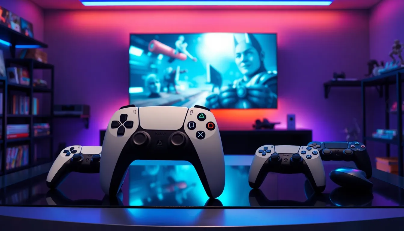 a display of PlayStation gadgets including the DualSense controller and earlier models.