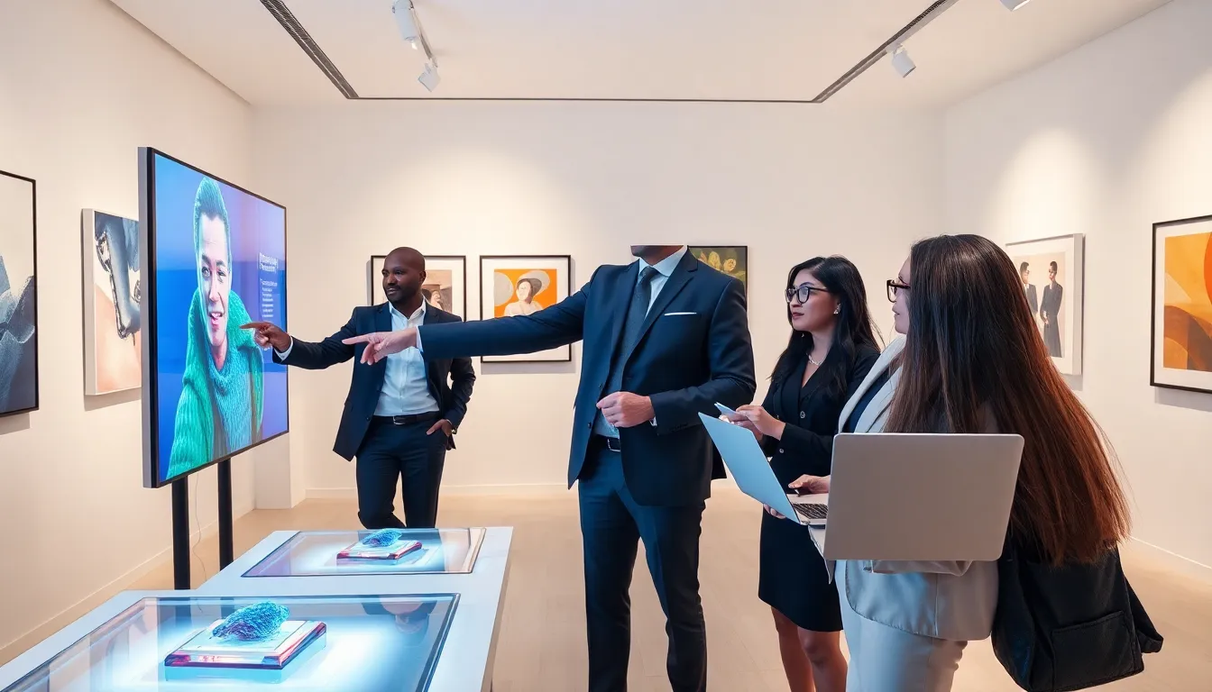 professionals discussing NFTs in a modern digital art gallery.