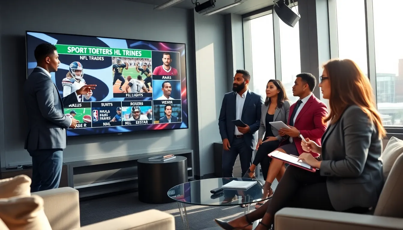 diverse sports analysts discussing latest headlines in a modern newsroom.