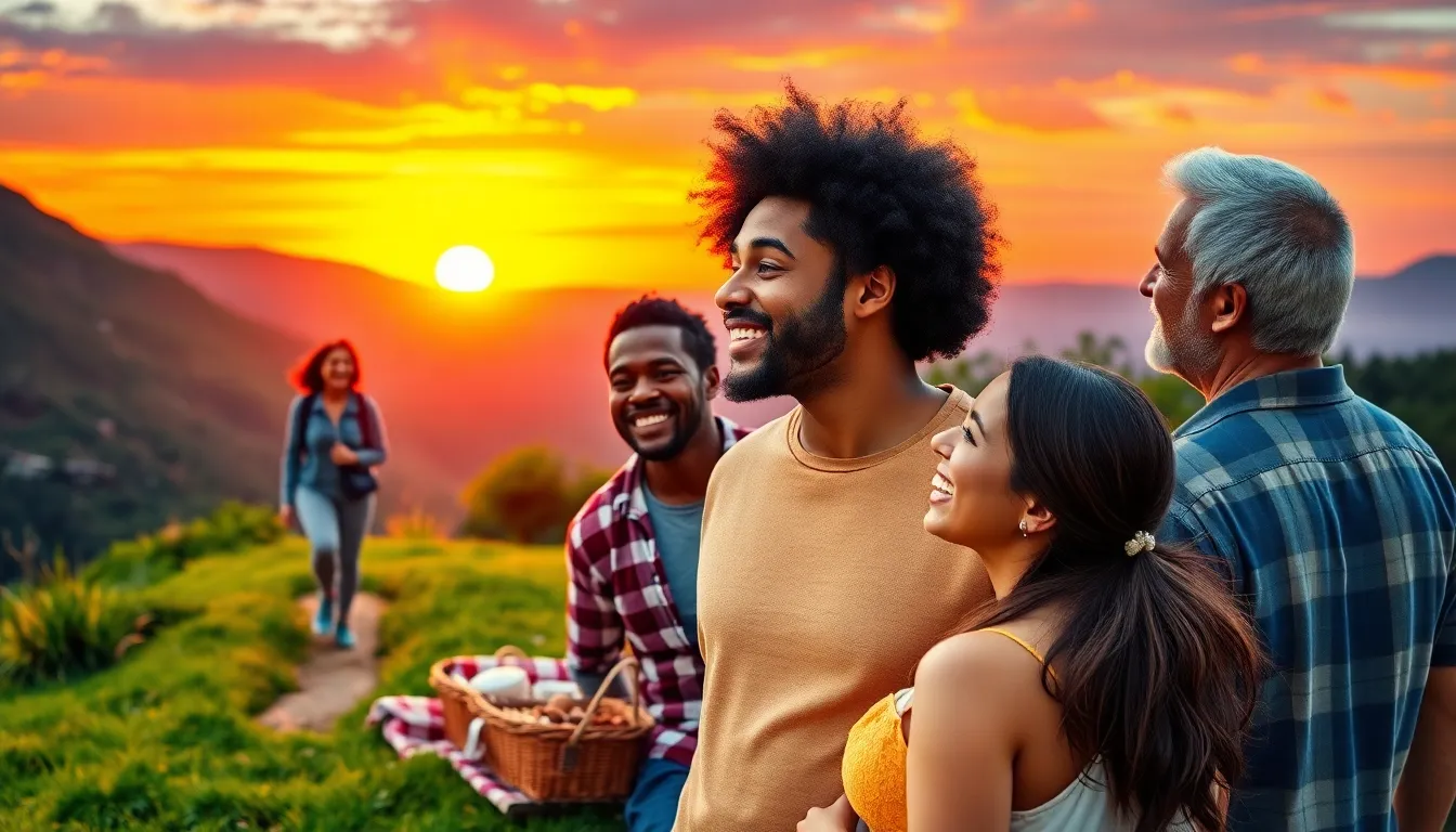 diverse group of people enjoying life outdoors in various activities.