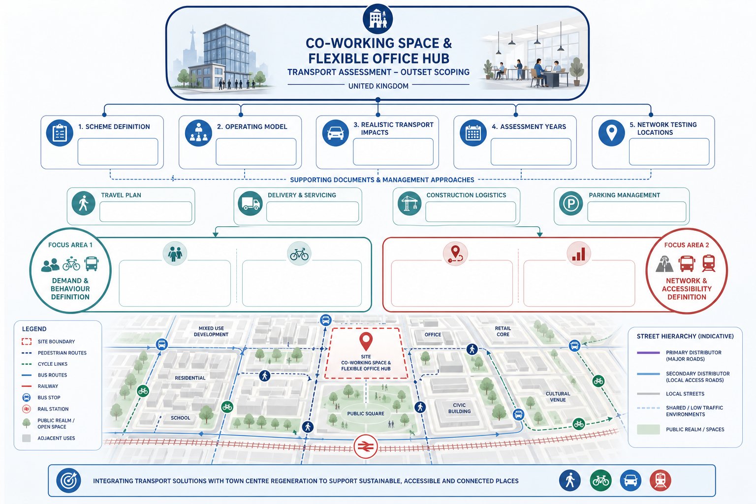 Infographic of early transport assessment scoping for flexible office developments.