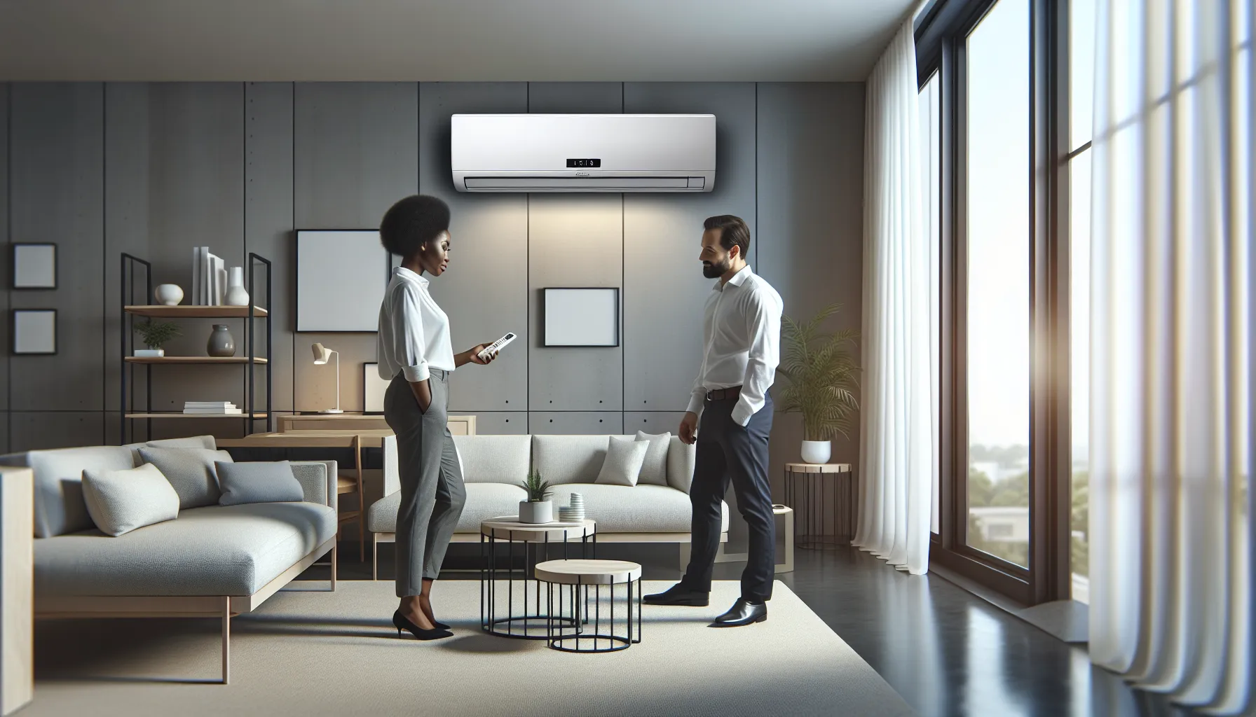 professionals discussing how to operate Uy48Lo air conditioner