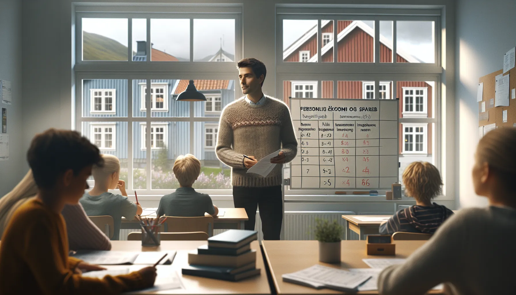 Teacher explains clear personal finance goals to mixed group of norwegian teens and immigrants.