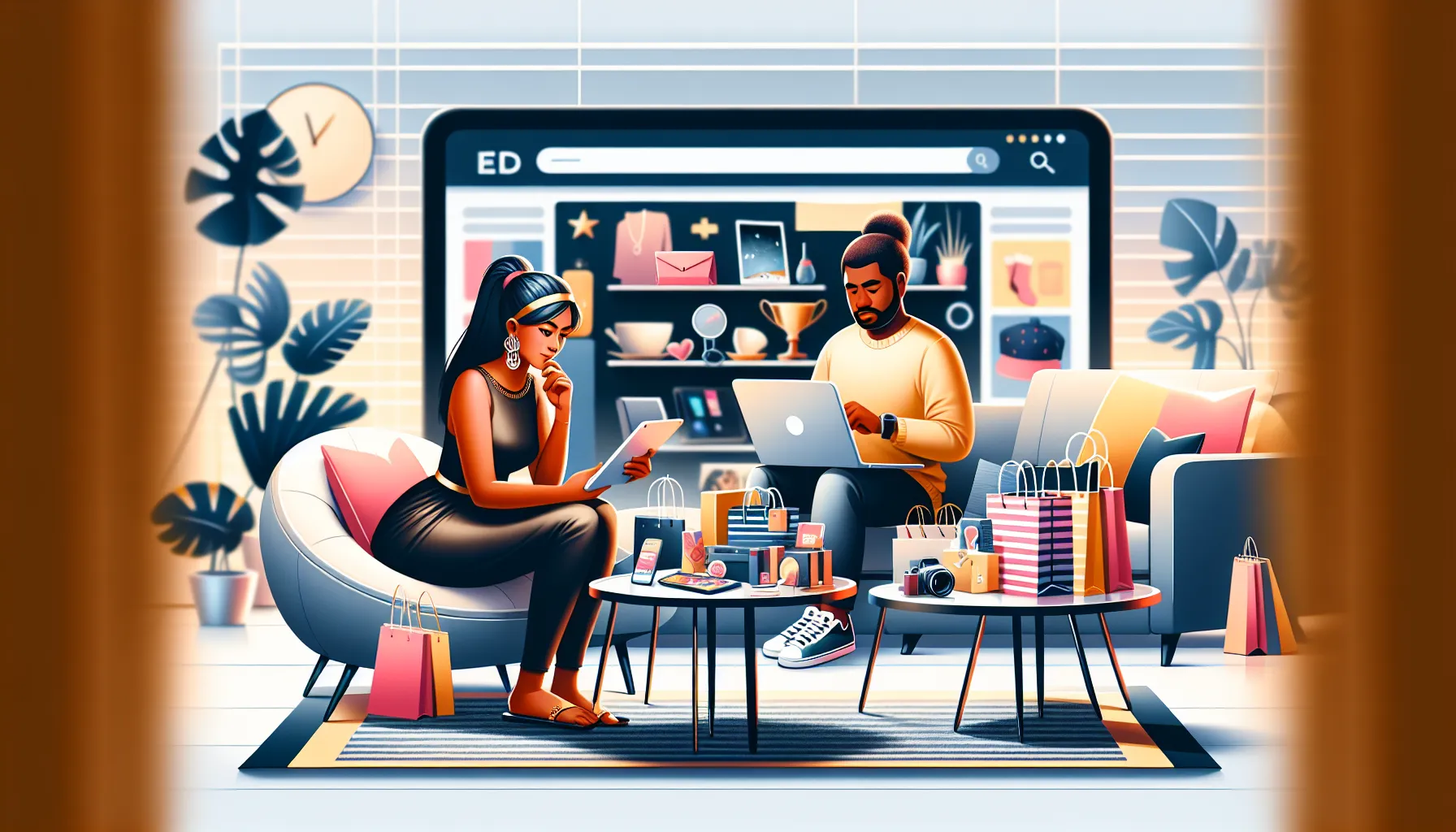 diverse individuals shopping online in a modern living room.