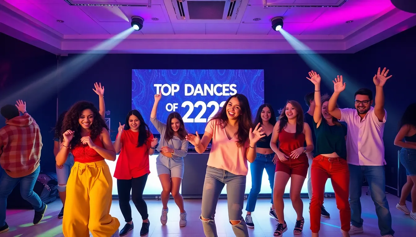 diverse group dancing at a lively dance party.