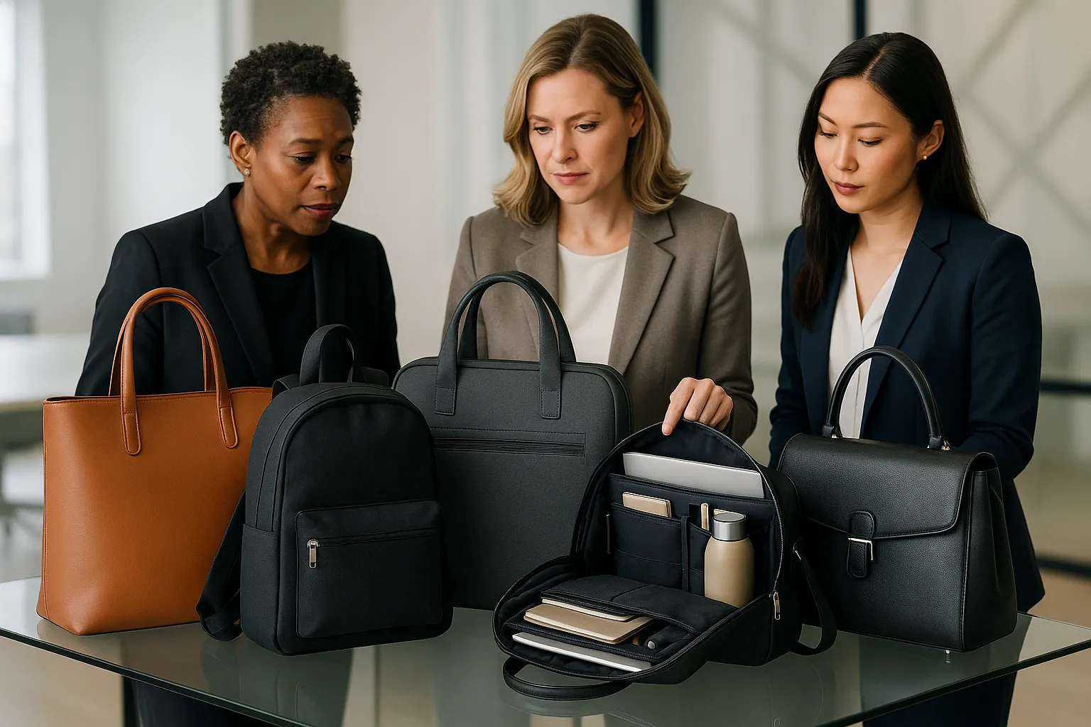 Professional women comparing stylish work bags in a modern office.