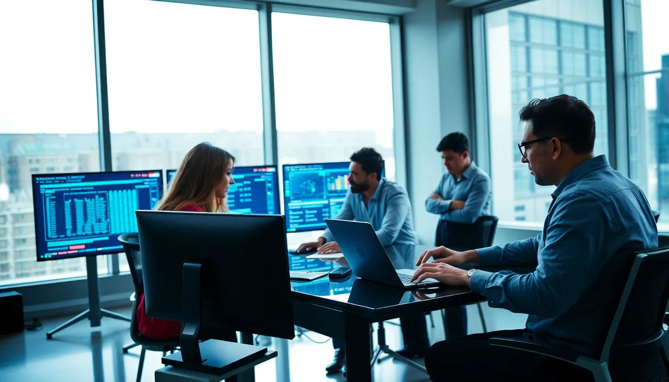 diverse team working in a modern cybersecurity lab.
