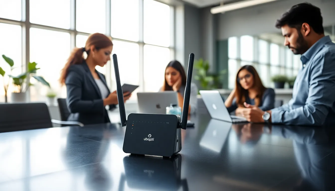 modern office showcasing Ubiquiti WiFi extender with professionals at work.