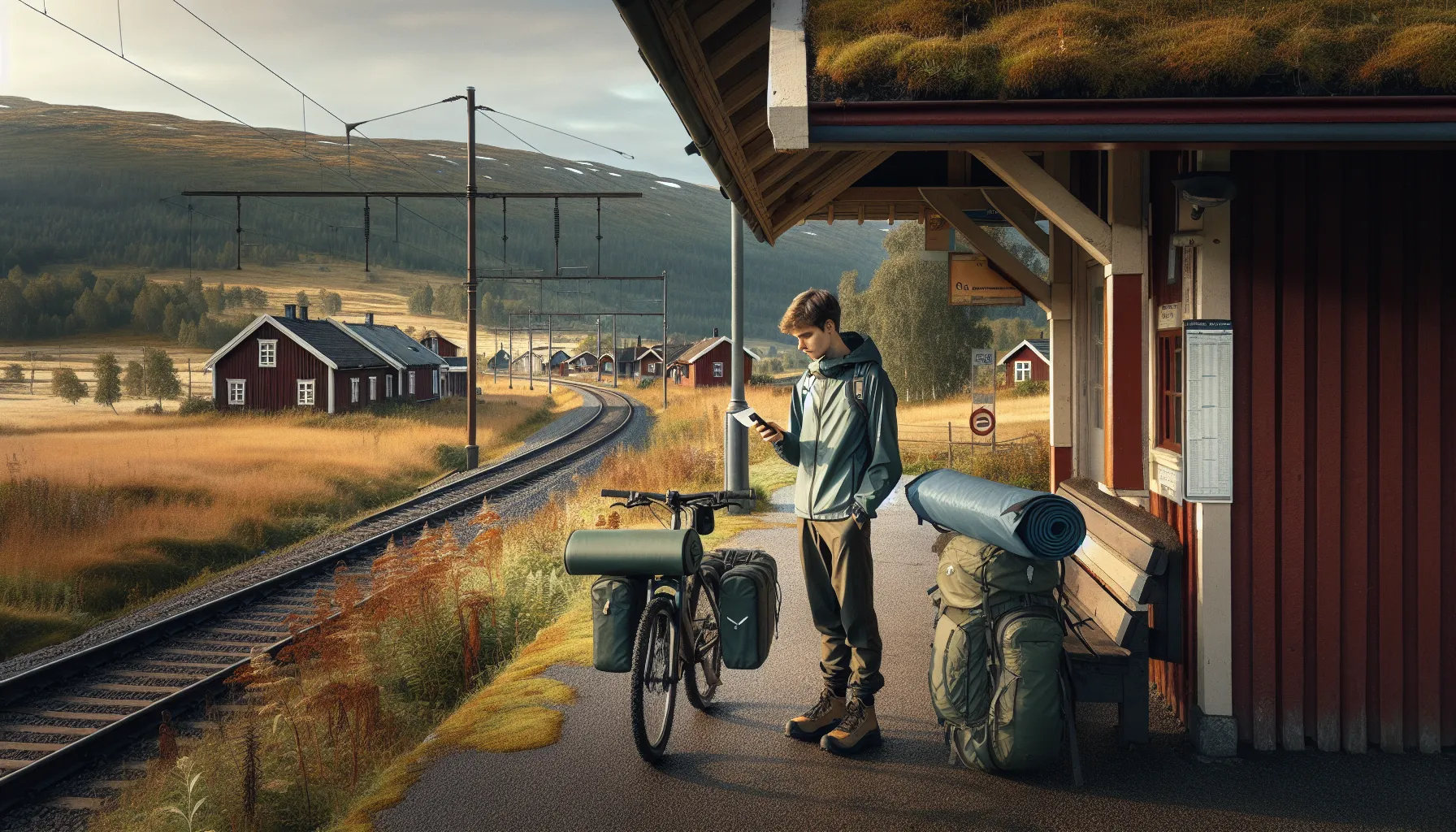 Young traveler with bike at quiet norwegian train station, planning a sustainable local trip.