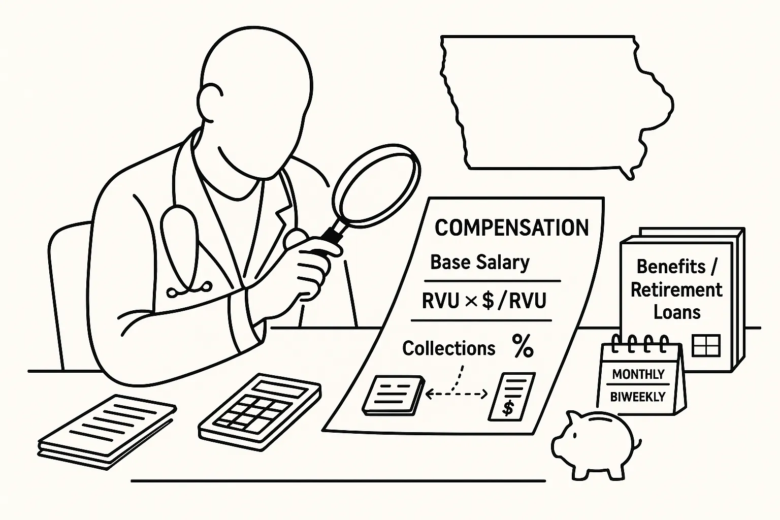 Physician assistant examining a compensation contract with magnifying glass and RVU icon.