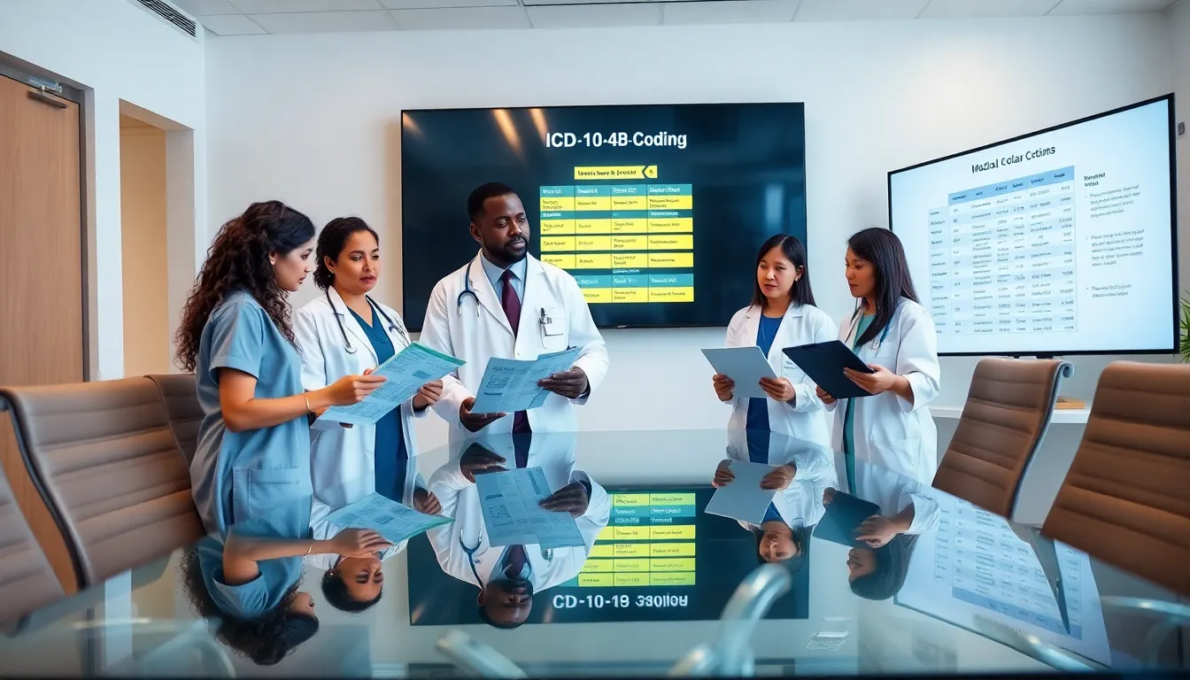 diverse medical team discussing ICD-10-CM coding in a modern office.