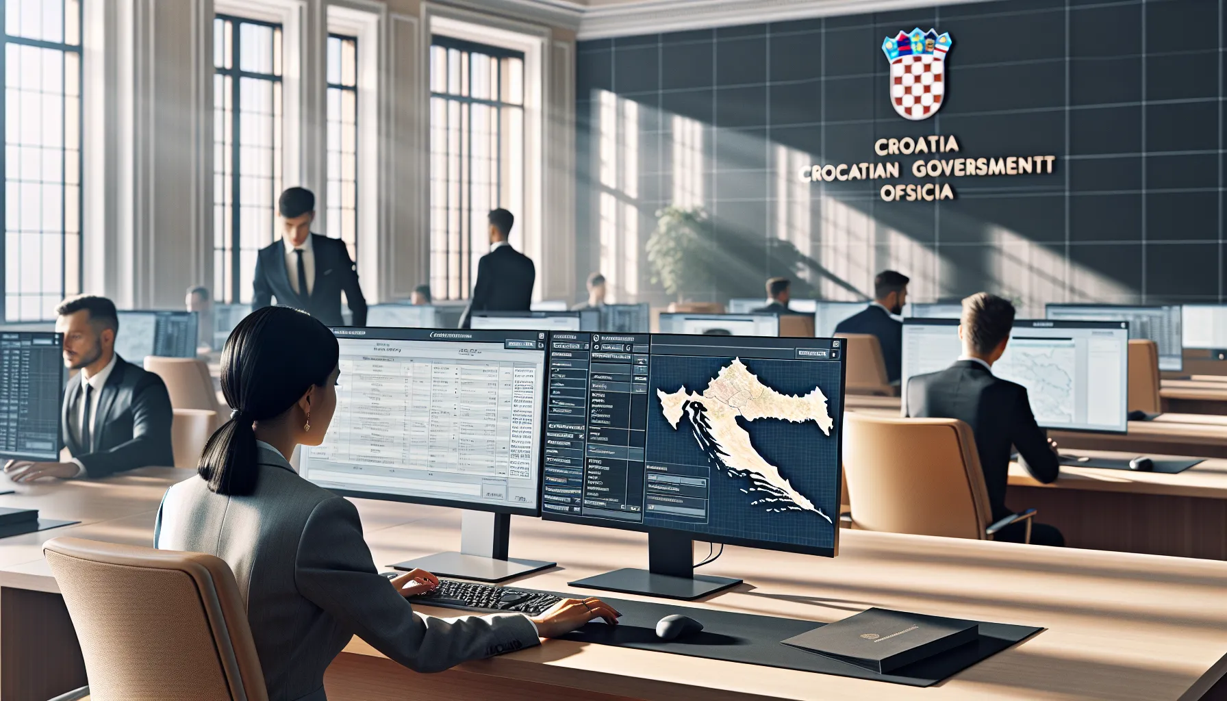 Professional working on digital land registry system in Croatian government office