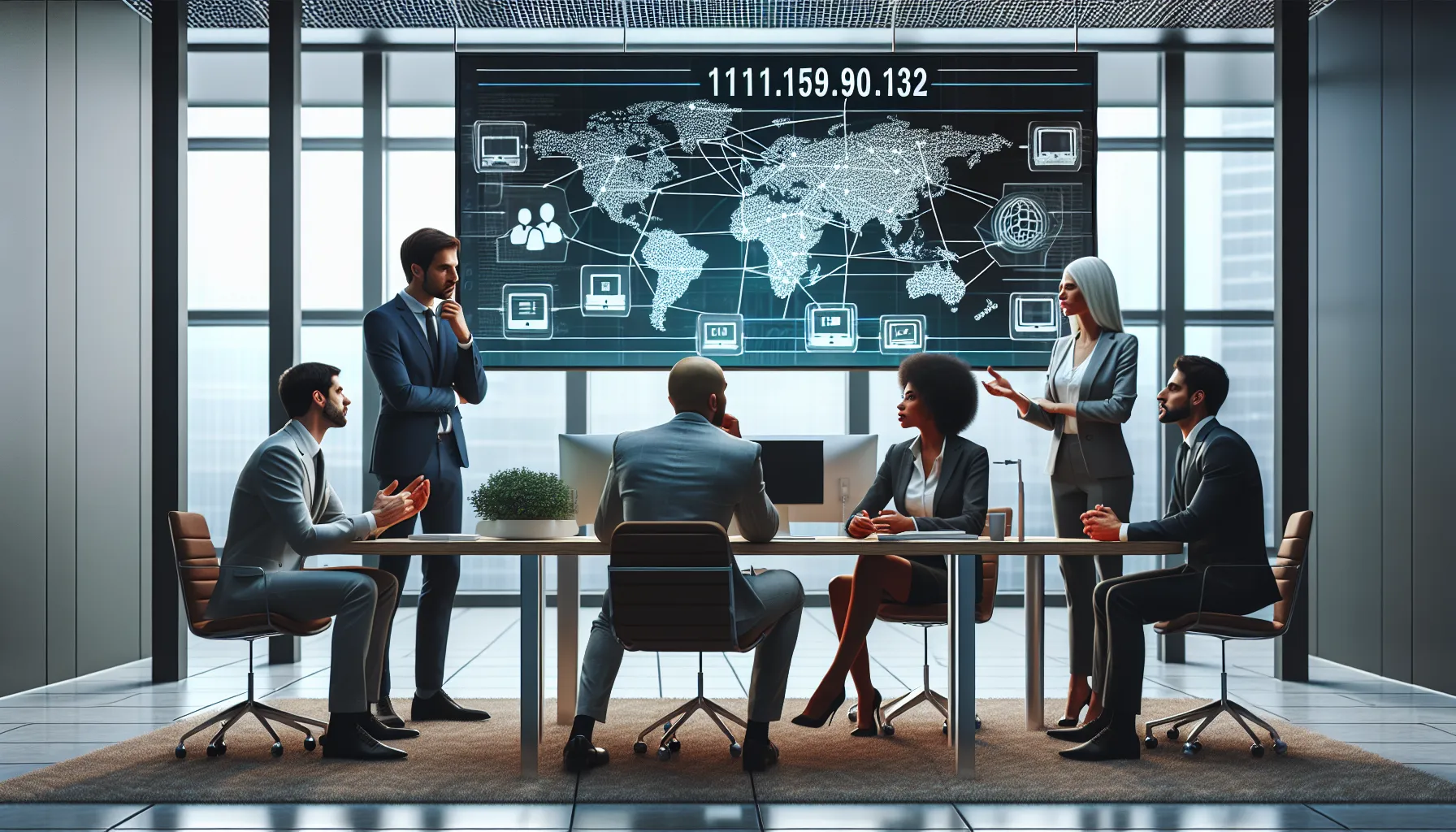 diverse professionals discussing digital networking in a modern office.