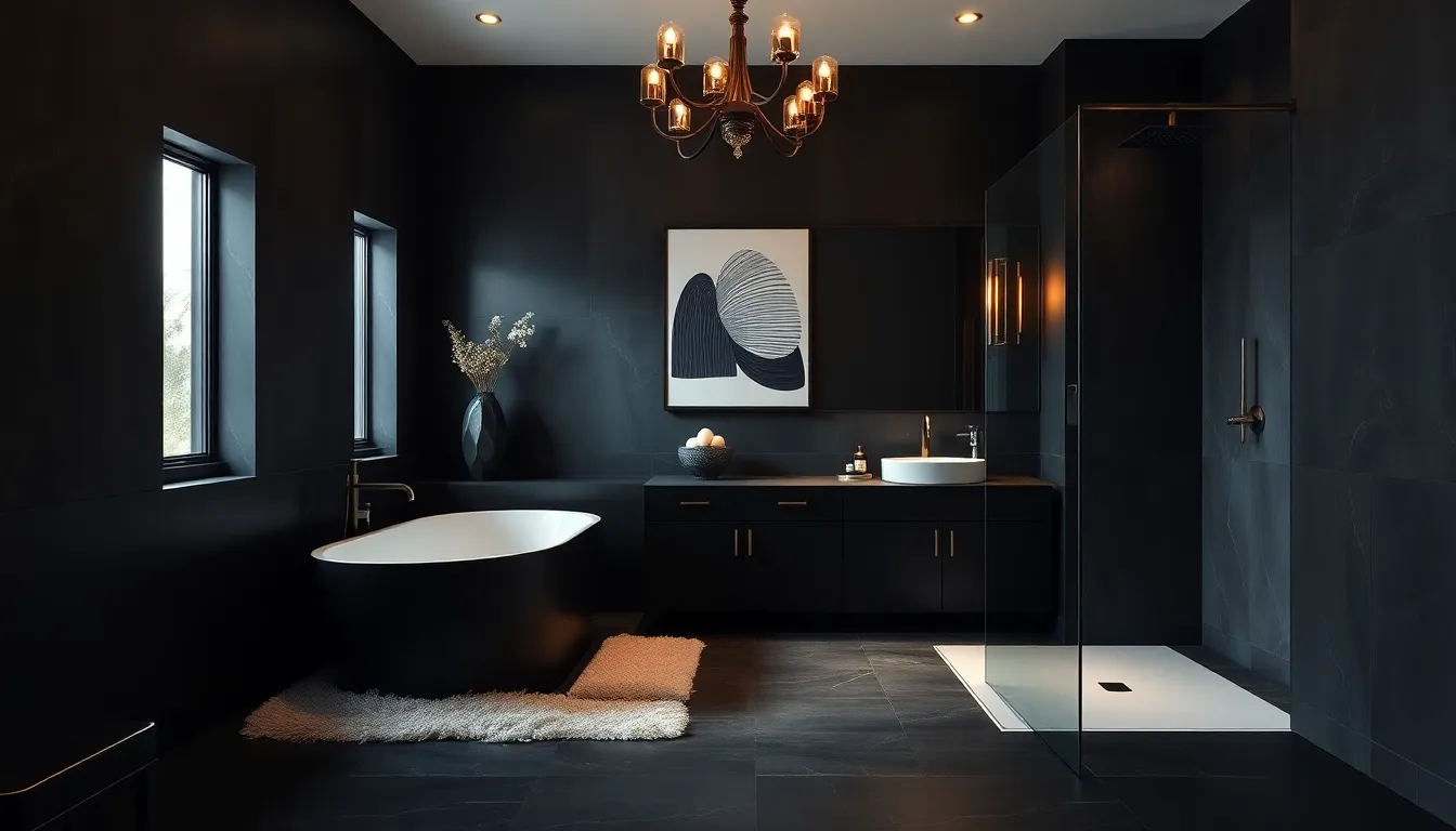 sophisticated dark bathroom with modern fixtures and artistic decor.
