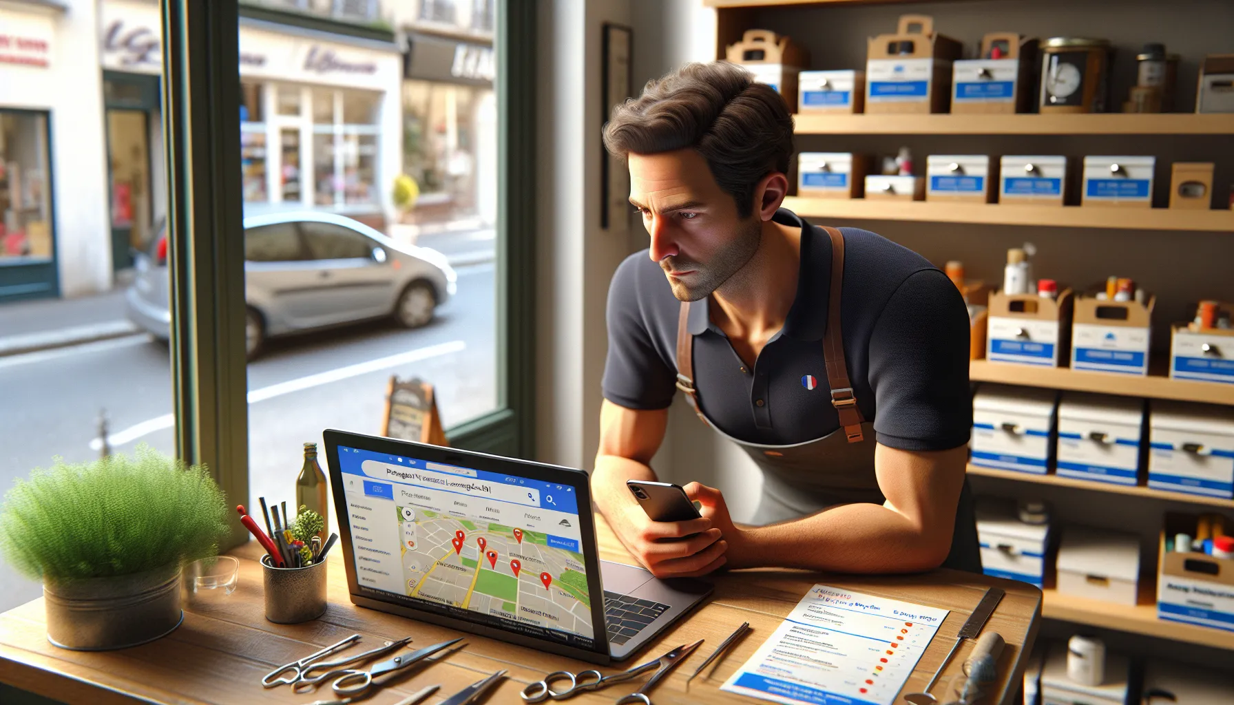 Local shop owner in Villeneuve-le-Roi checks Google search and Maps rankings.