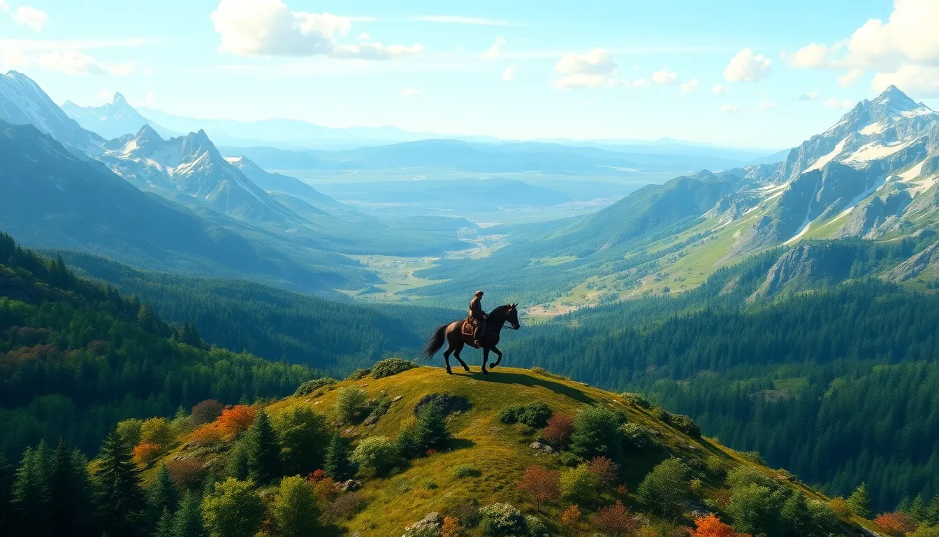 A character riding a horse through a vast fantasy landscape.