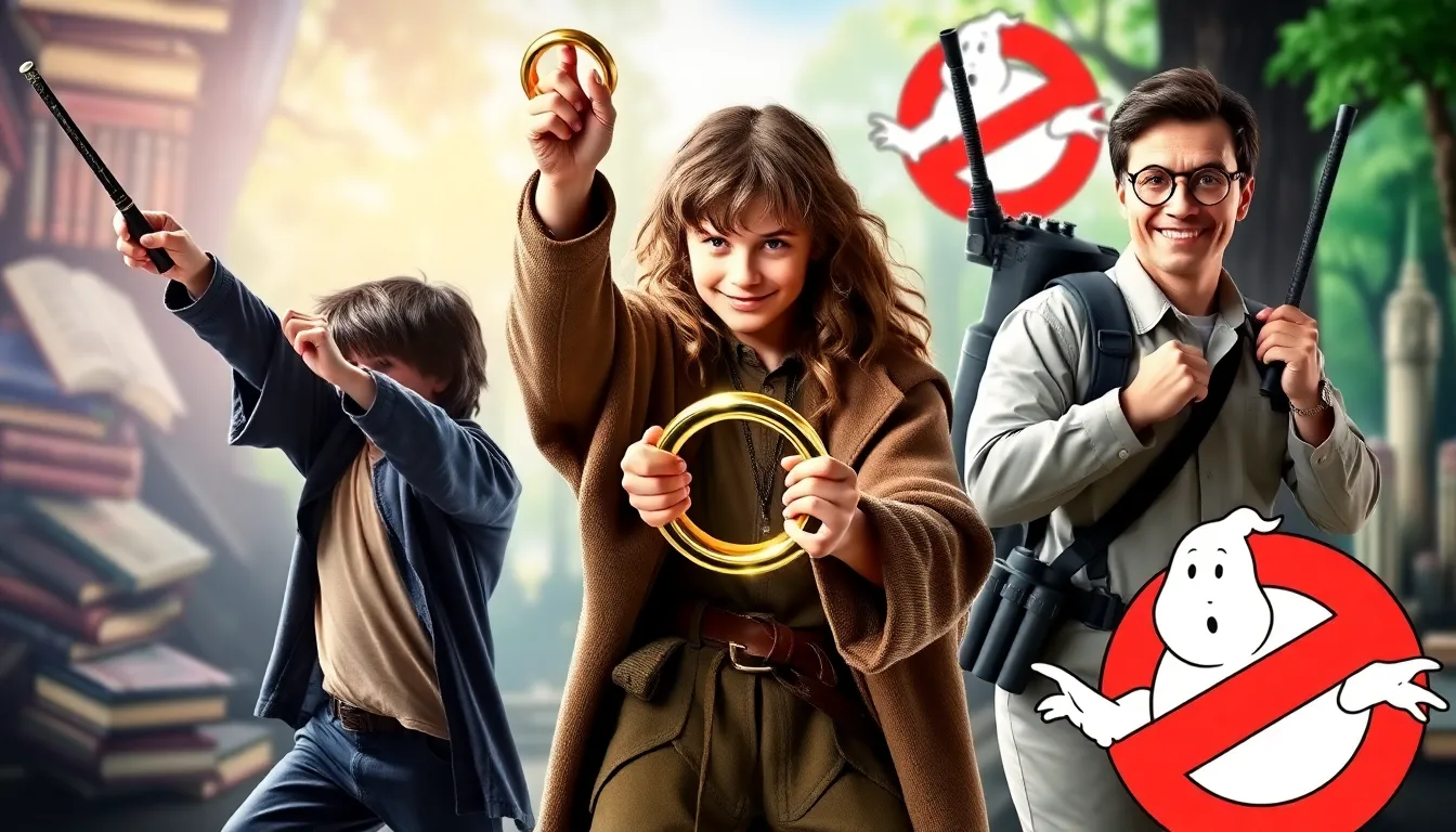 iconic film characters symbolizing three famous trios from pop culture.