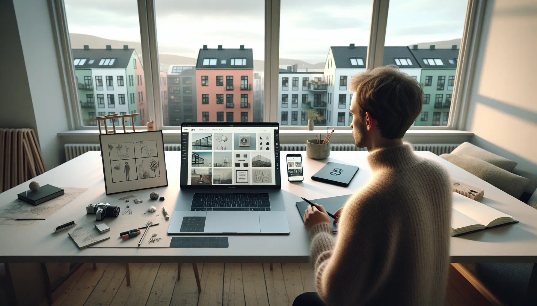 Young norwegian designer curating a digital art portfolio on a laptop at home.