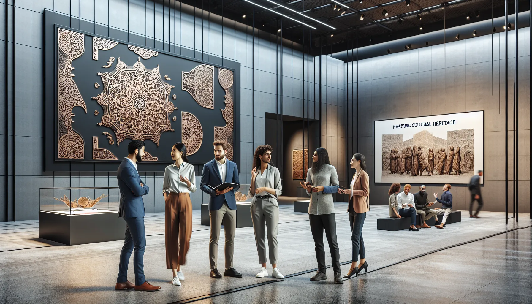 diverse group discussing art inspired by Shropadis in a modern gallery.