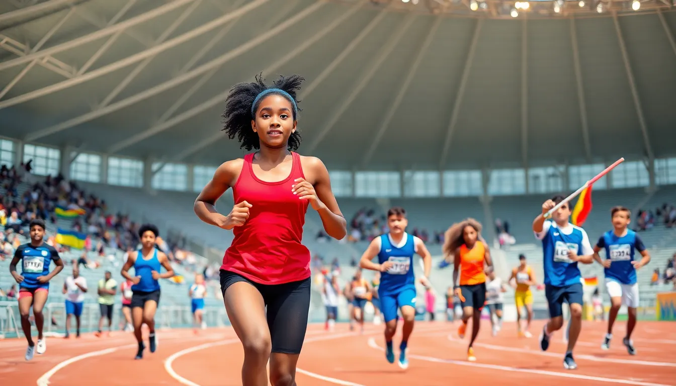 a diverse group of young athletes competing in a well-lit sports arena.