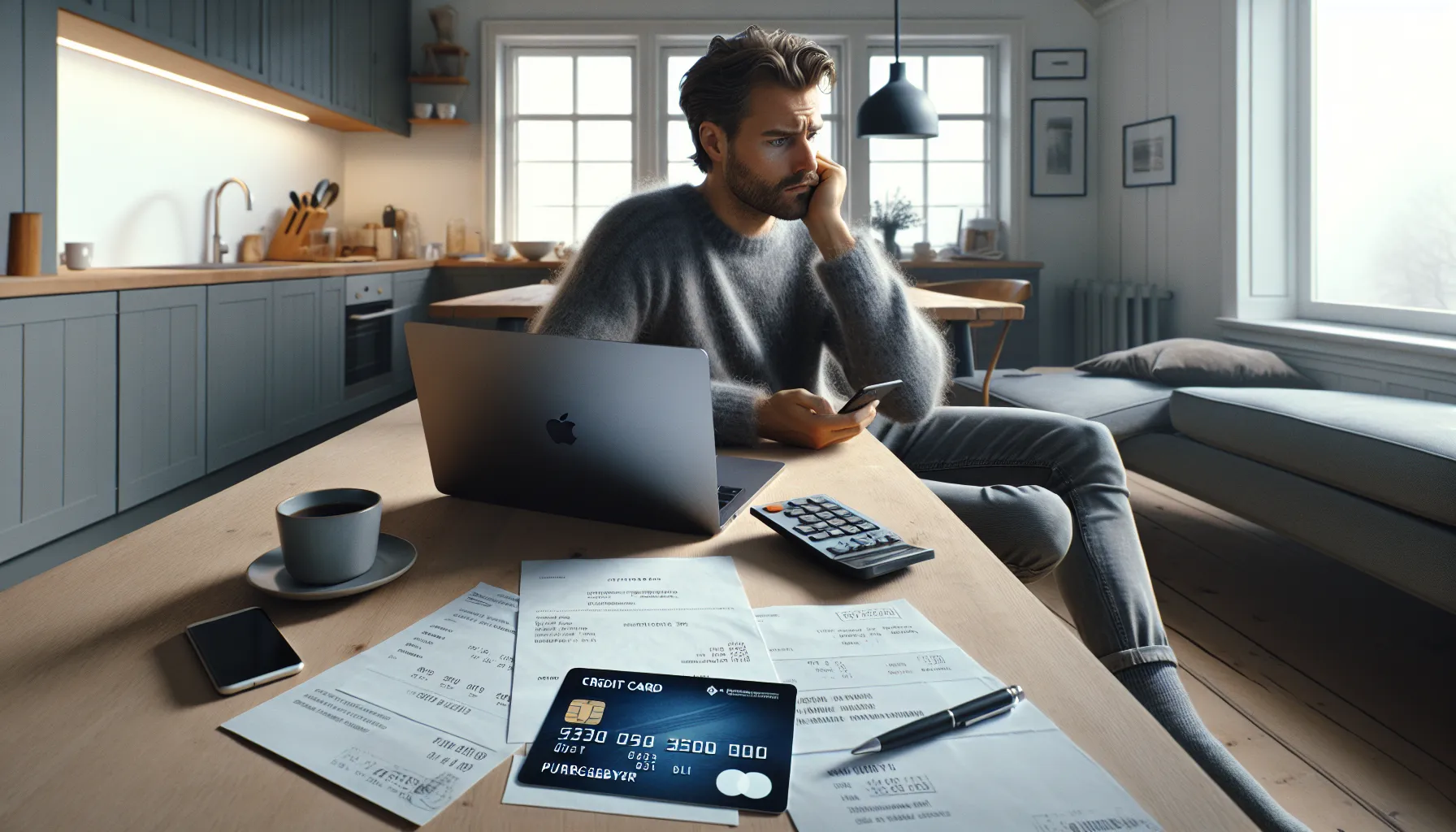 Norwegian man worried at kitchen table, viewing mounting credit card fees on laptop.