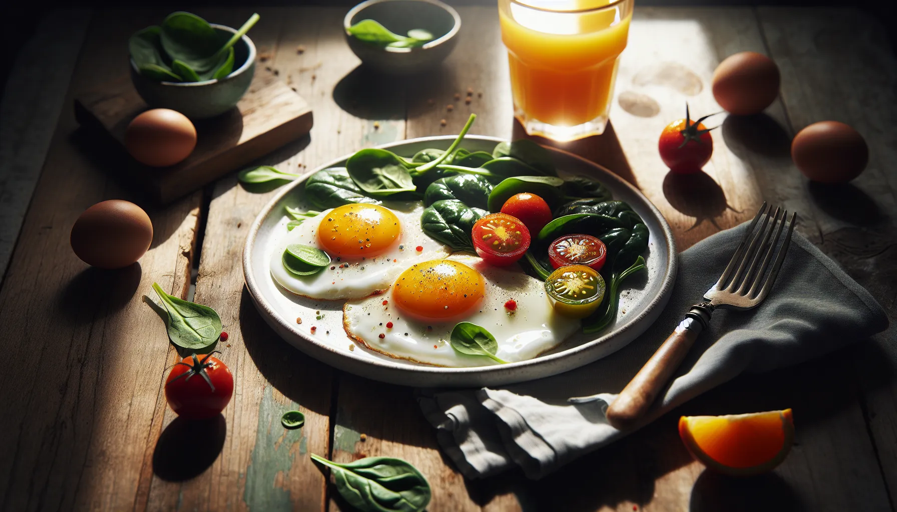 A close-up of vibrant egg yolks on a plate with fresh vegetables.