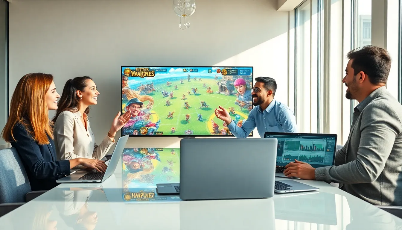 diverse team discussing mobile strategy games in a modern office.