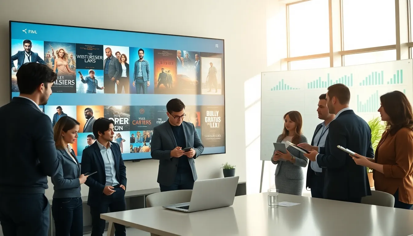 professionals discussing movie download platform in a modern office.