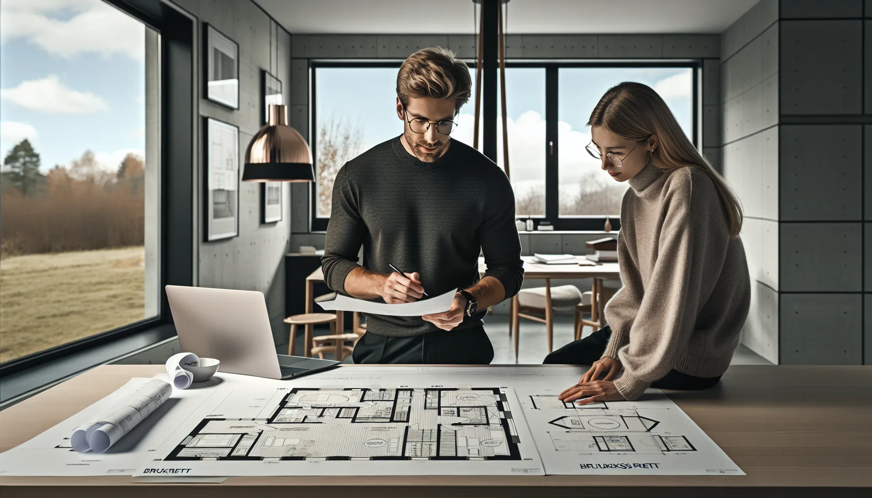 Architect and client review norwegian house plans and contract about copyright and use.