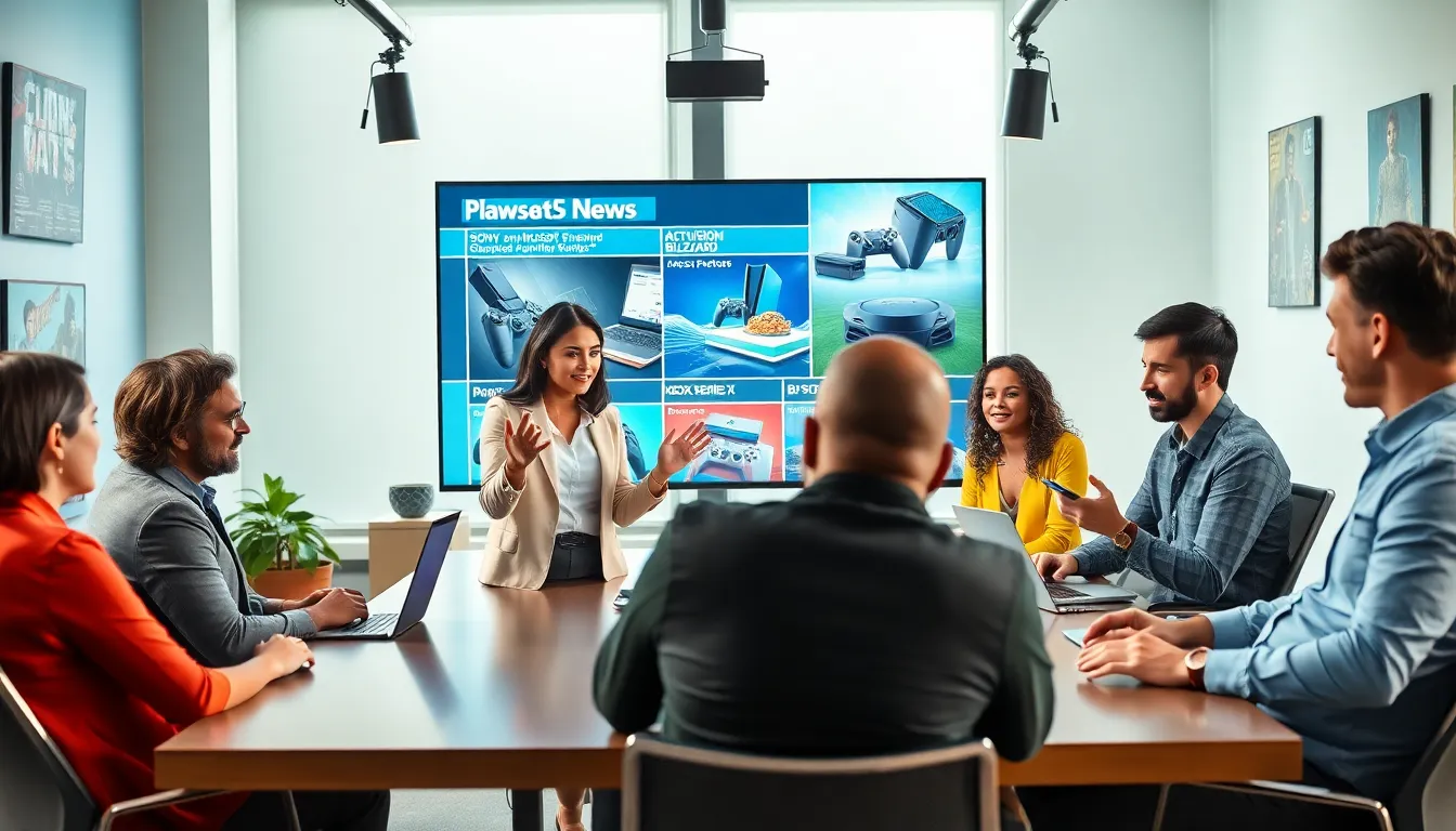 diverse team discussing gaming news in a modern newsroom.