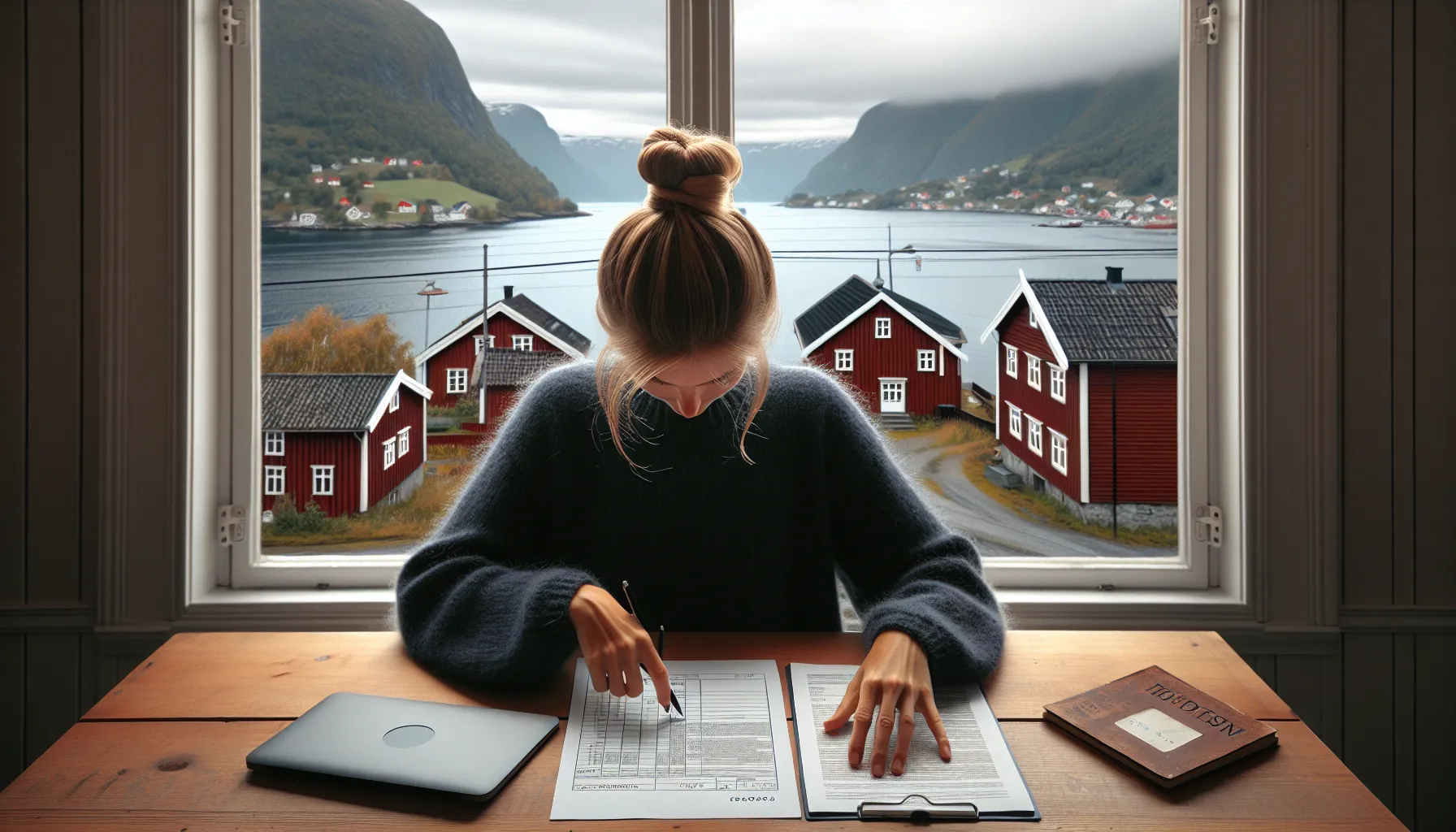 Norwegian homeowner reviews deed and land registry with zoning map by fjord window.