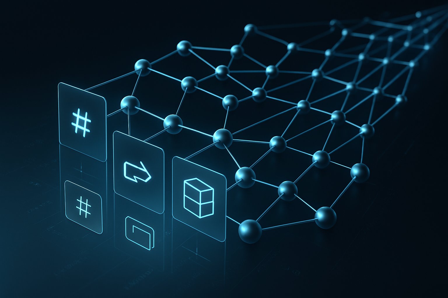 Three-dimensional blockdag crypto network structure with interconnected nodes and parallel processing pathways in professional digital style.